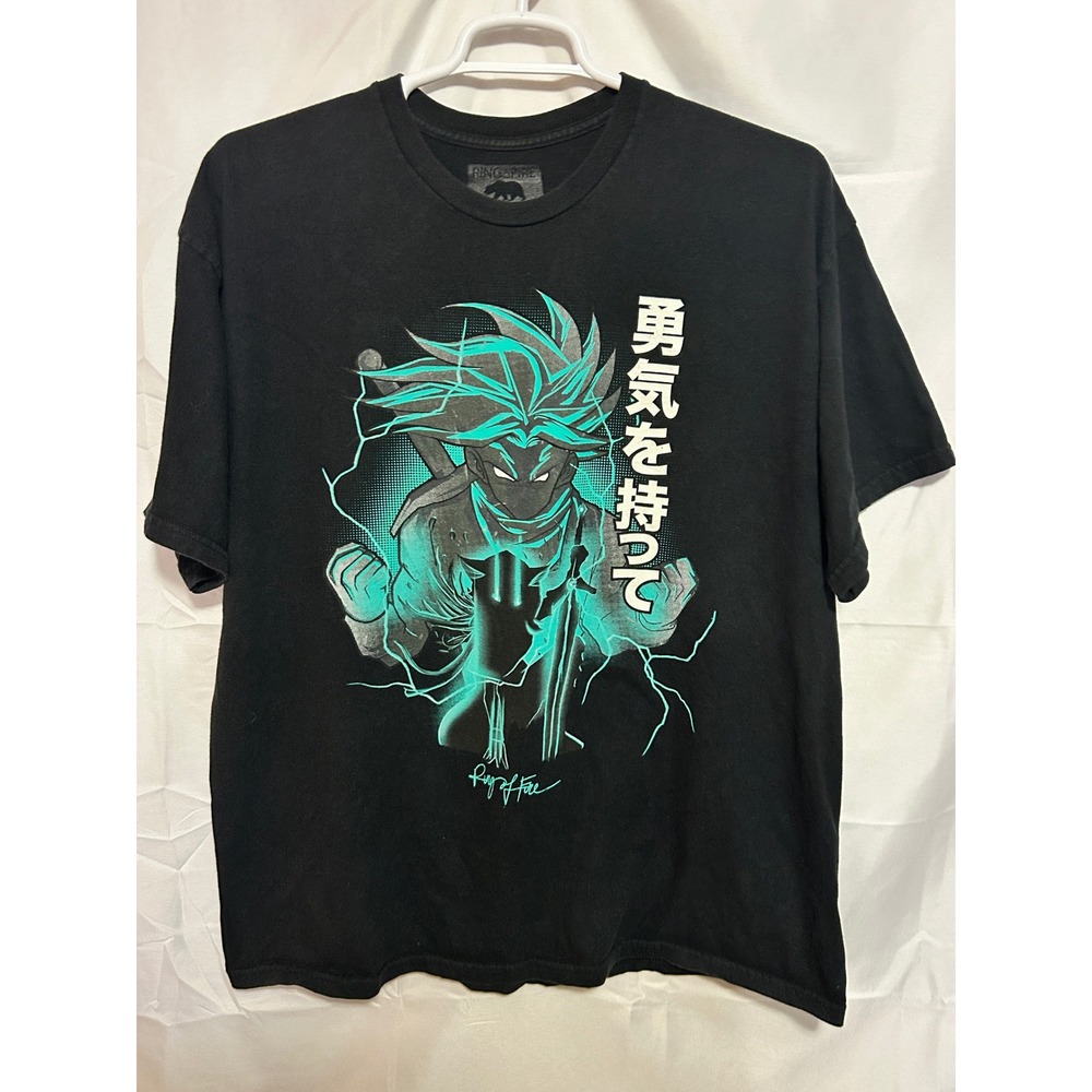 Black Teal Anime Ninja Kanji Cotton T-Shirt Men's XXL